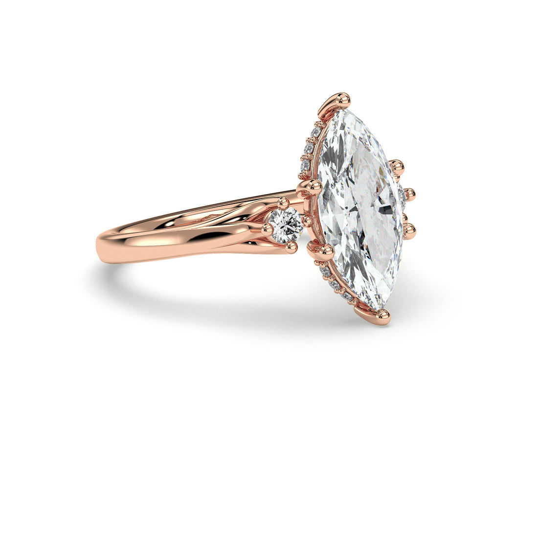 LVY Marquise Cut Hidden Halo Trilogy Six Claw Setting Diamond Engagement Ring - 18K Rose