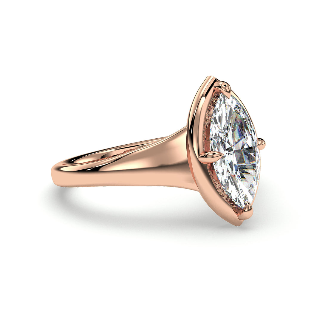 Fern Solitaire Marquise cut Cathedral Four Prong Bezel Style Setting Diamond Engagement Ring - 18K Rose