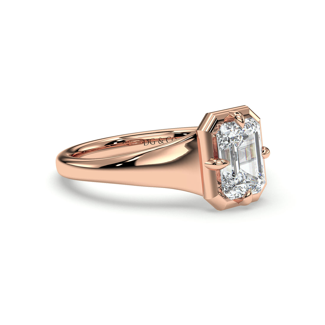 Poppy Solitaire Emerald Cut Cathedral  Four Claw Bezel Style Setting Diamond Engagement Ring - 18K Rose