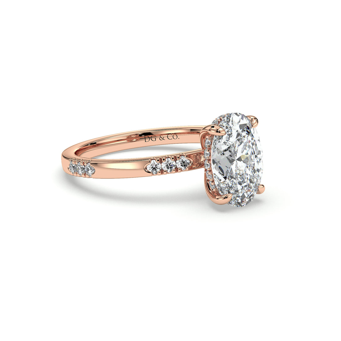 Evelynn Oval Cut Hidden Halo Four Claw Set Side stone Diamond Engagement Ring - 18K Rose