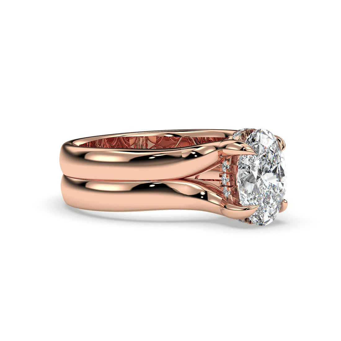 Bronte Solitaire Oval Cut Double Split Band Hidden Halo Diamond Engagement Ring - 18K Rose