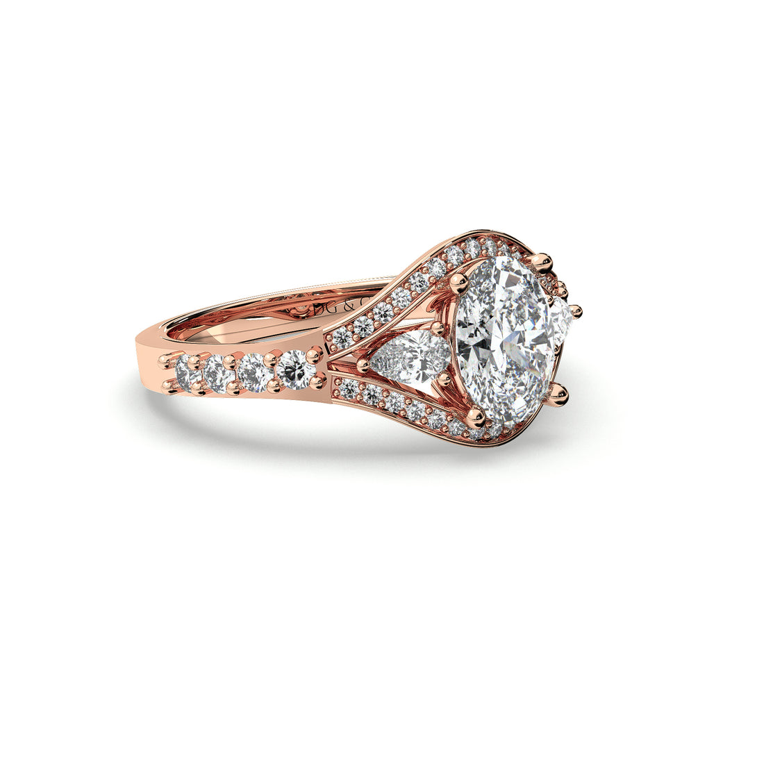 Jasmine Oval Cut Three Stones Four Claw Setting Diamond Ring - 18K Rose