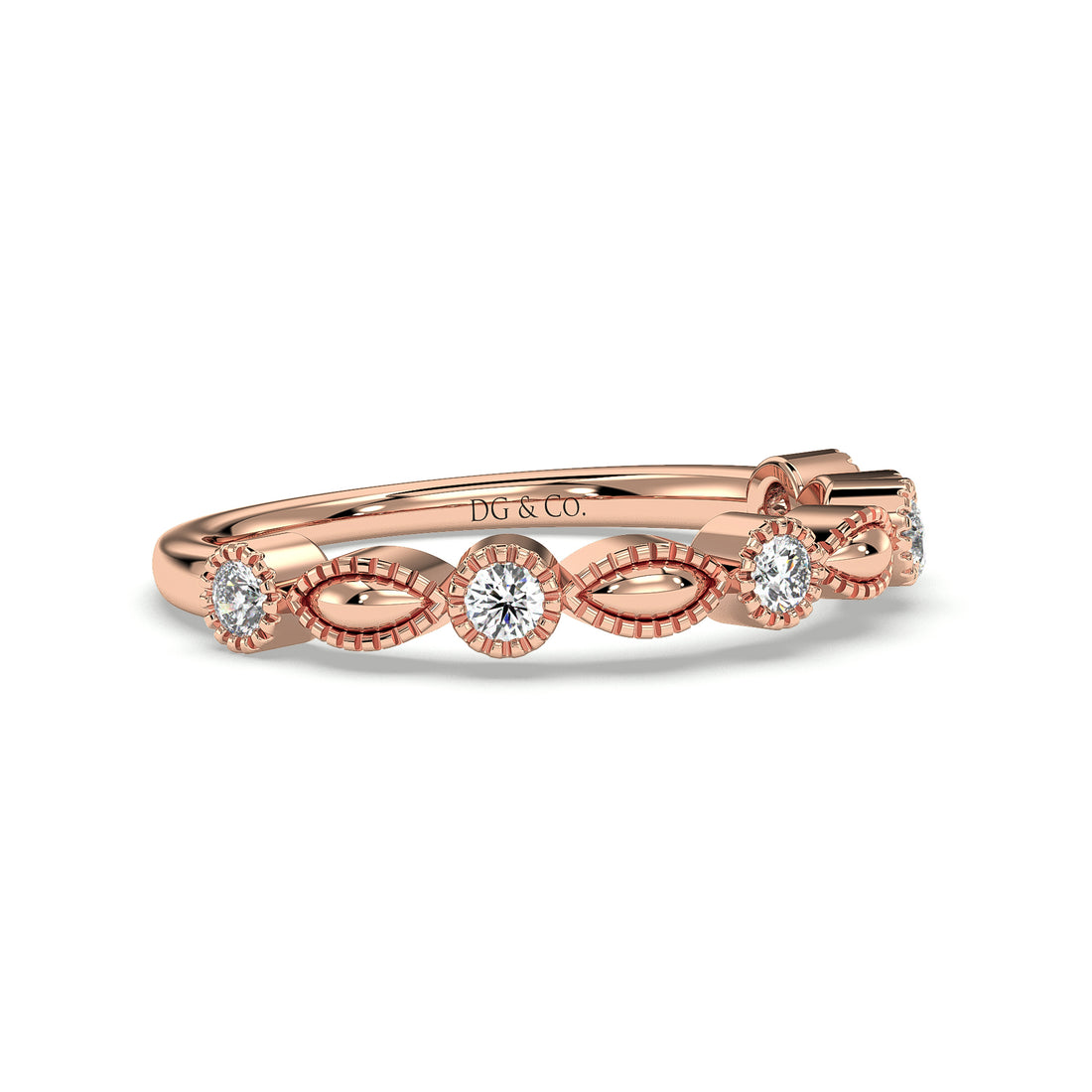 Alya Antique Style Diamond Wedding Band Set With Brilliant Cut Diamond Milgrain Setting - 18K Rose