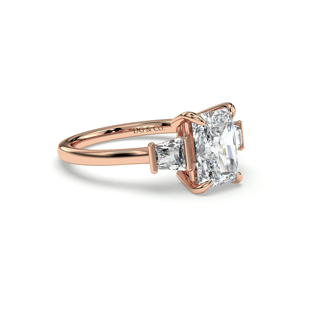 Seamless Radiant Cut Trapezoid Three Stone Hidden Halo Diamond Engagement Ring - 18K Rose
