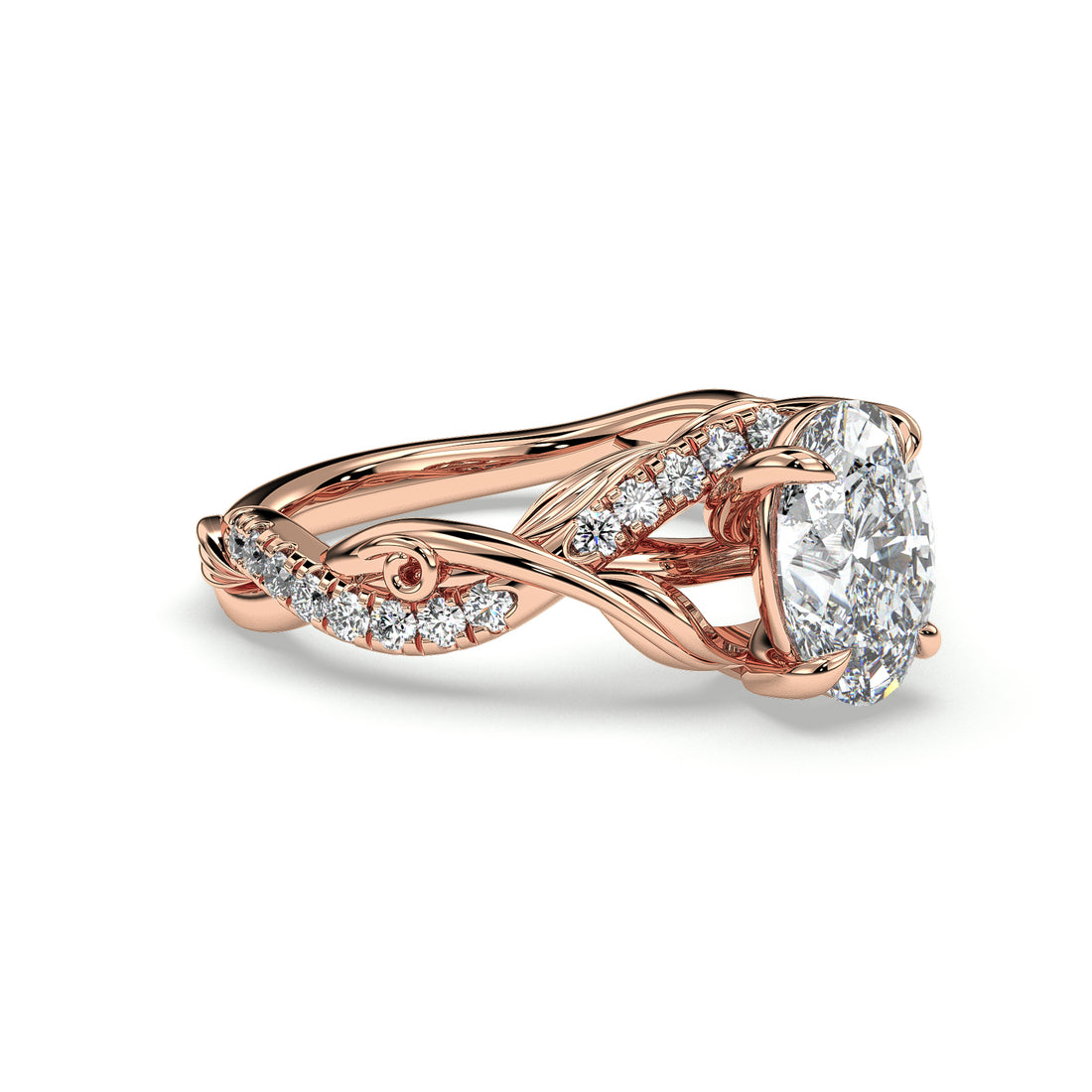Zinnia Oval Cut Twist Band Floral Style Pave setting Side Stones Diamond Engagement Ring - 18K Rose