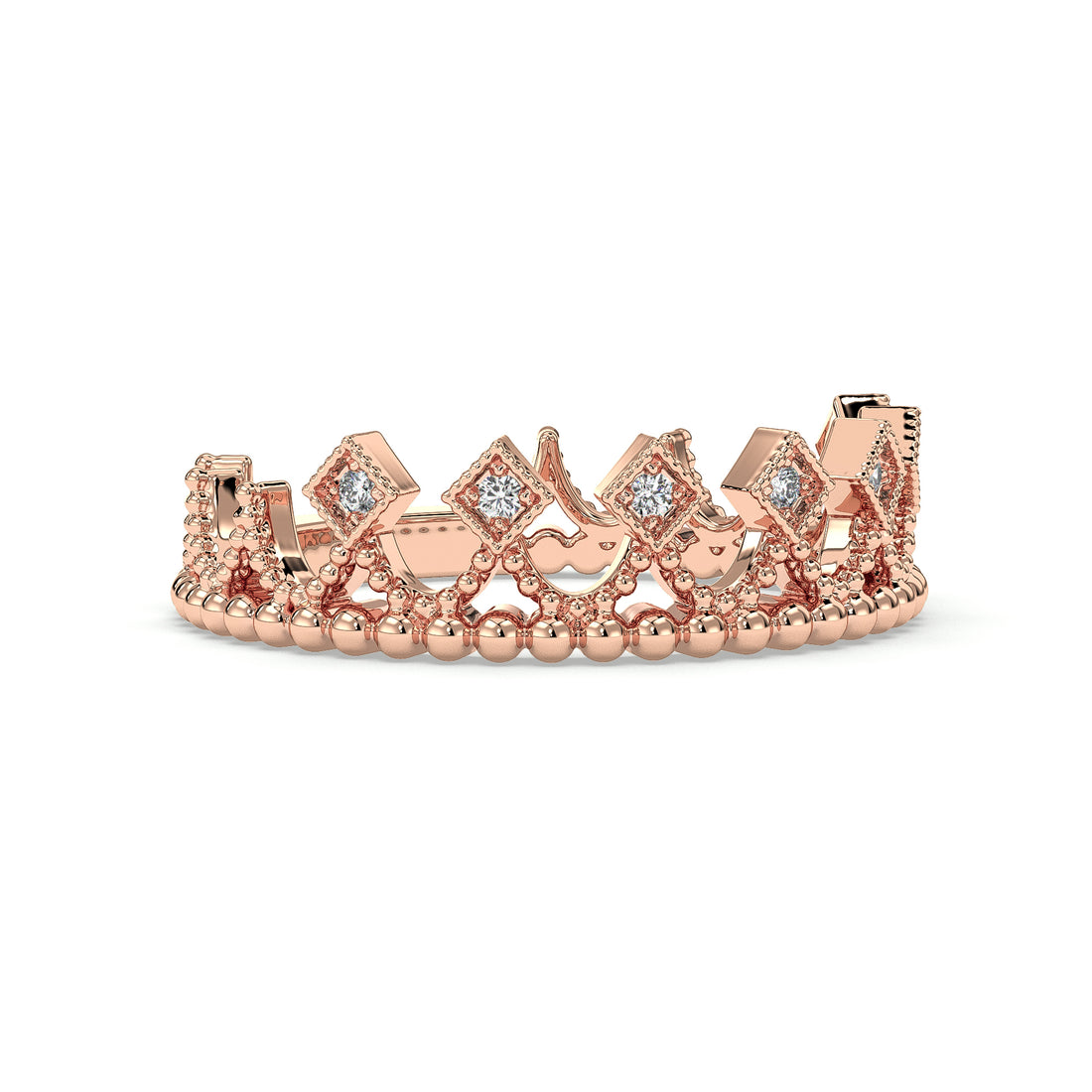 Crown Antique Style Art Deco Milgrain Setting Diamond wedding Ring - 18K Rose
