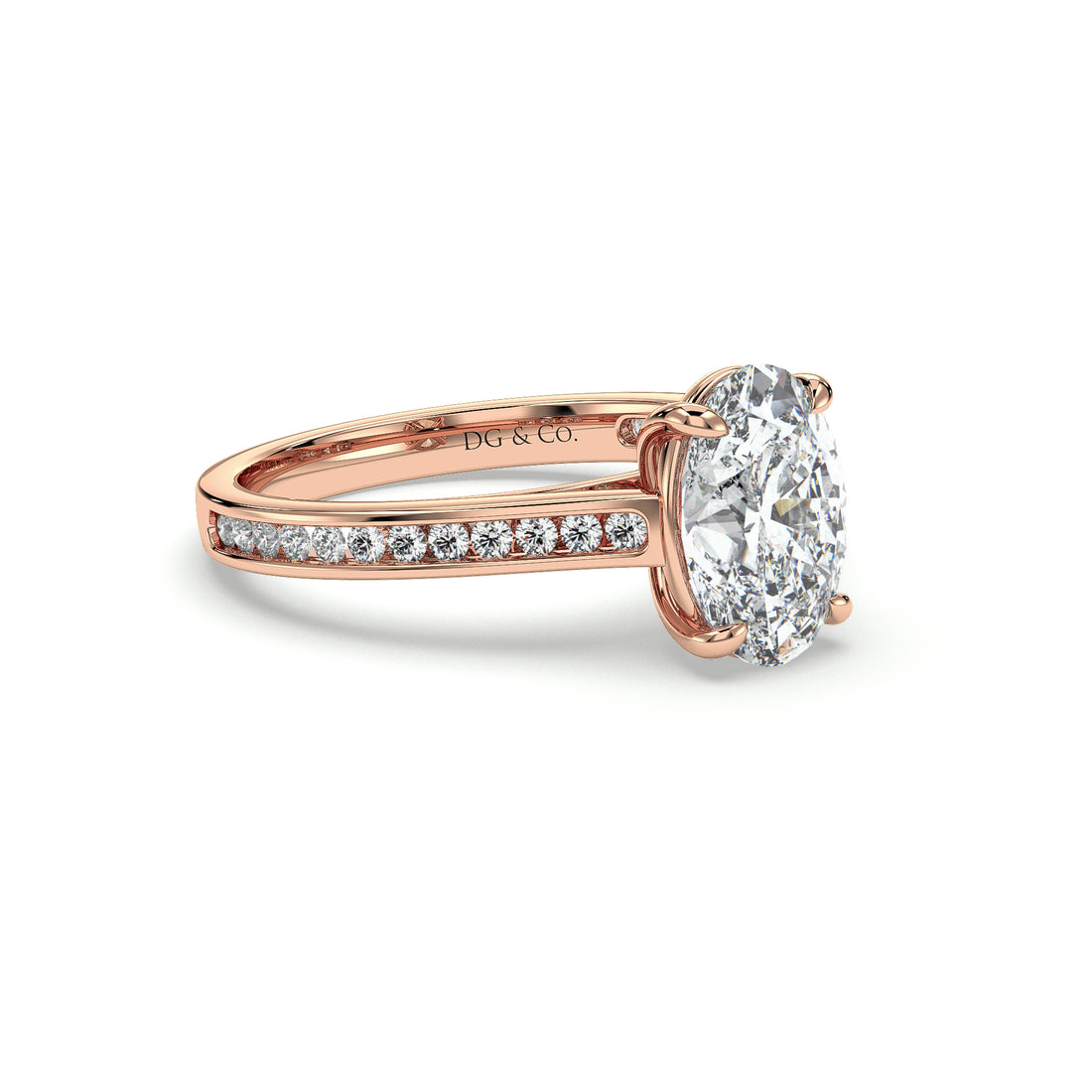 Cabana Oval Cut Cathedral  Channel Setting Four Claw Diamond Engagement Ring - 18K Rose