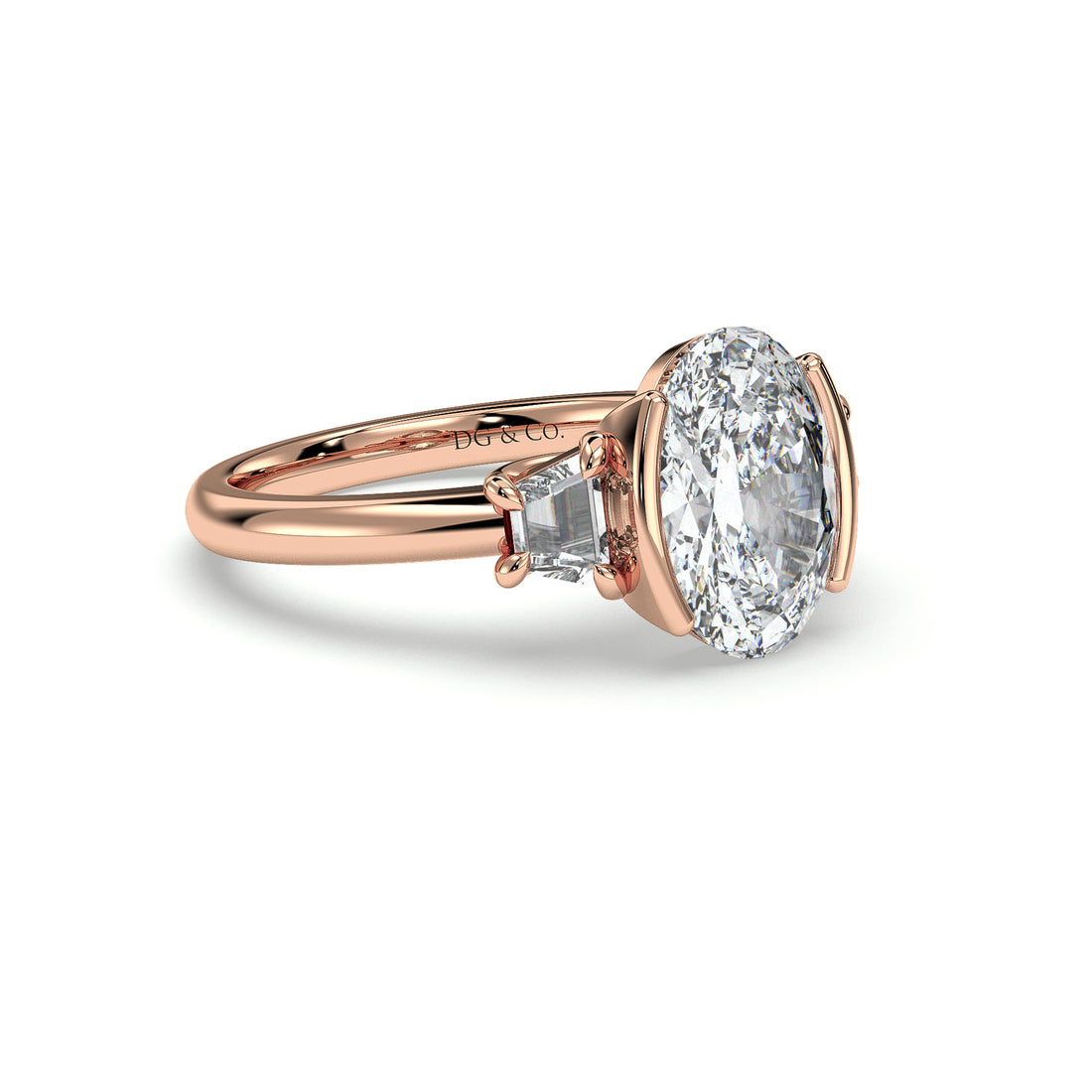 River Low Setting Oval Cut Trilogy Three Stones Half Bezel Setting Trapeze Side Stone Engagement Ring - 18K Rose