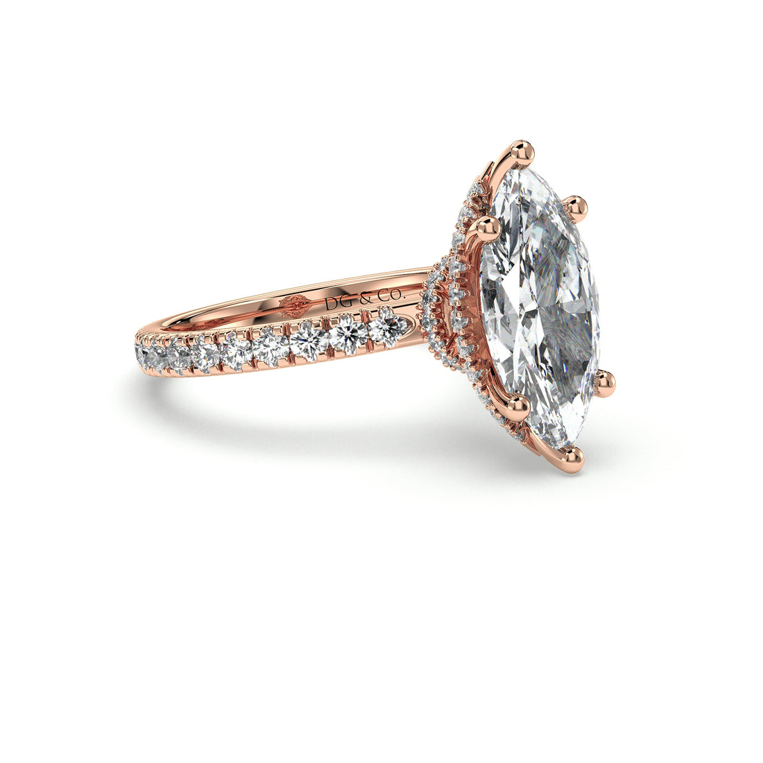 Lyra Marquise Cut Double Halo Six Claw Pave Setting Side Stones Diamond Ring - 18K Rose
