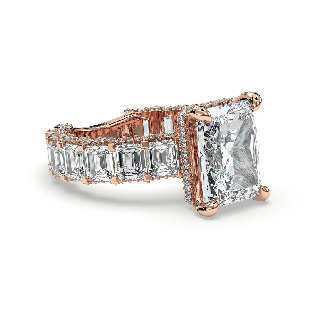 More Than A Dream Radiant Cut Hidden Halo Four Claw Setting Diamond Engagement Ring With an Emerald Cut Side Stones - 18K Rose