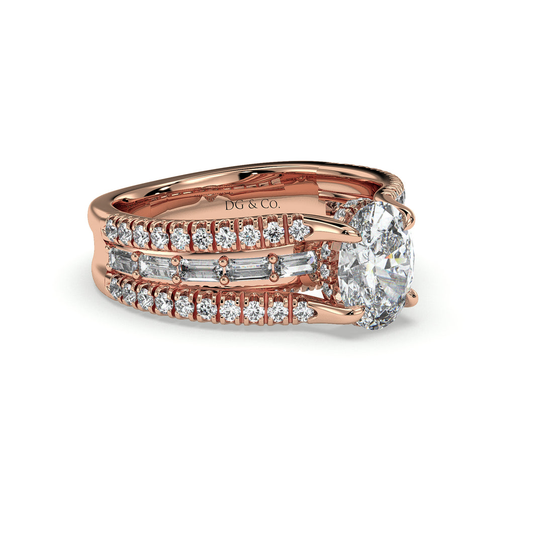 Noa Oval Cut Three Band Hidden Halo with a Four Claw Pave Setting Side Stone Diamond Ring - 18K Rose