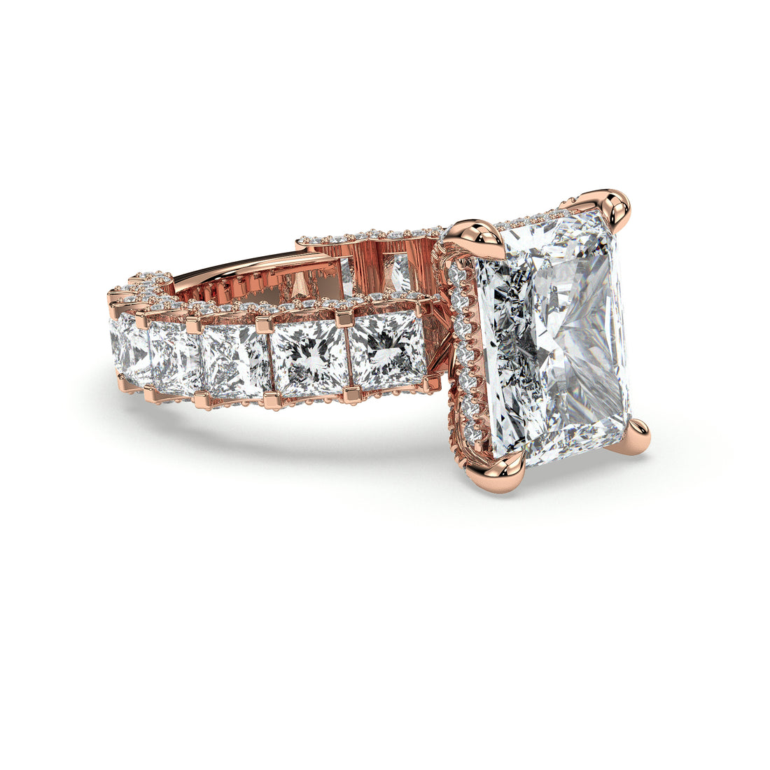 Flawless Radiant Cut Hidden Halo With Princess Cut Side Stones Diamond Engagement Ring - 18K Rose