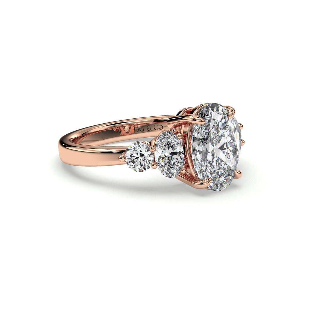Aviana Trilogy Oval Cut Centre and Side Stones Diamond Engagement Ring - 18K Rose