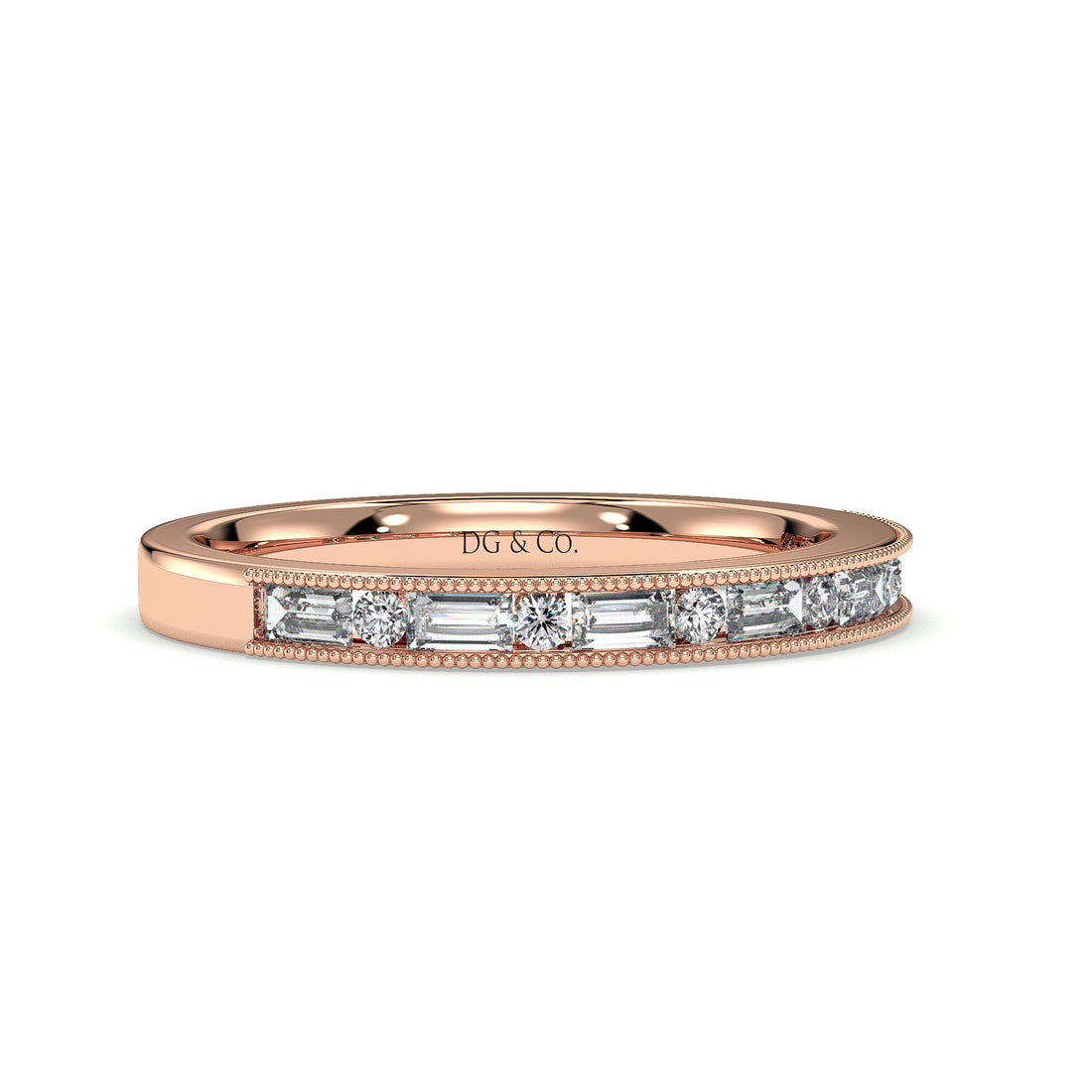 ISA Antique Style Emerald and Round Cut Milgrain Ladies wedding Band - 18K Rose