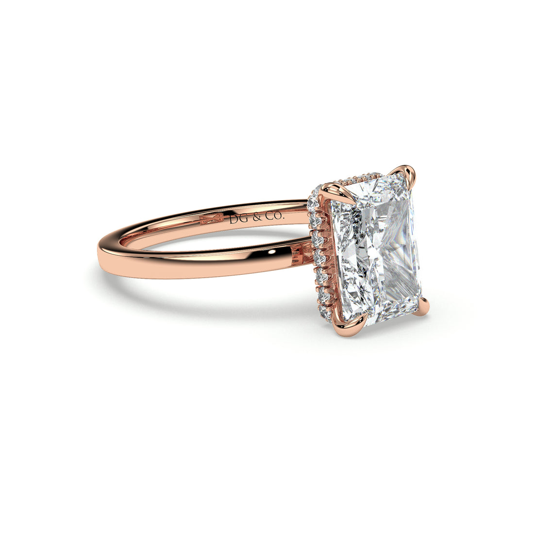 Delta Solitaire Radiant Cut Hidden Halo Pave and Low Setting Four Claw Diamond Ring - 18K Rose