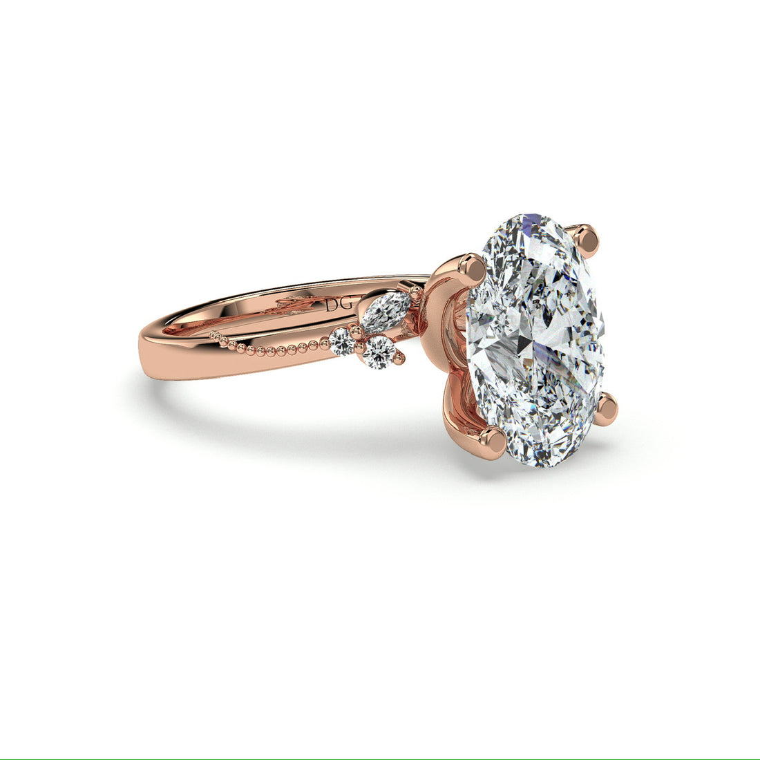 Brandi Antique Style Oval Cut Side Stones Diamond Engagement Ring - 18K Rose
