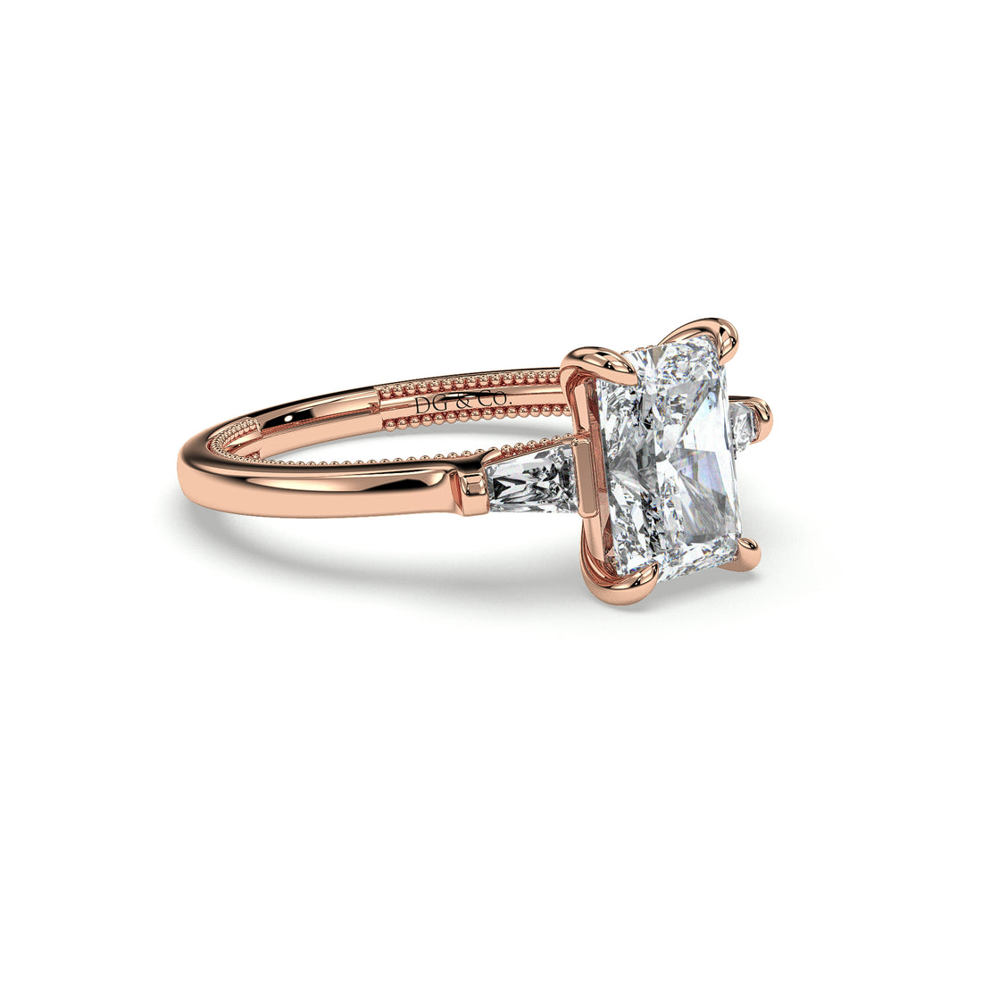 Raja Trilogy Antique Style Three Stones Radiant Cut Tapered Baguette Side Stones Diamond Ring - 18K Rose