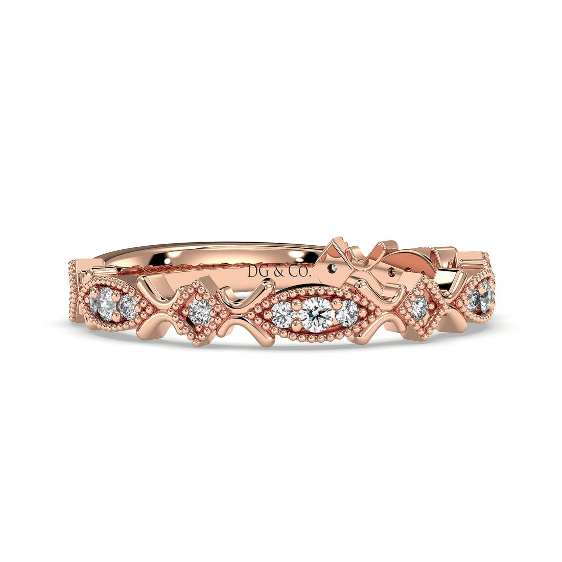Kahlo Antique Style Alternating Marquise and Square Shape Grain set  Diamond Wedding Ring - 18K Rose
