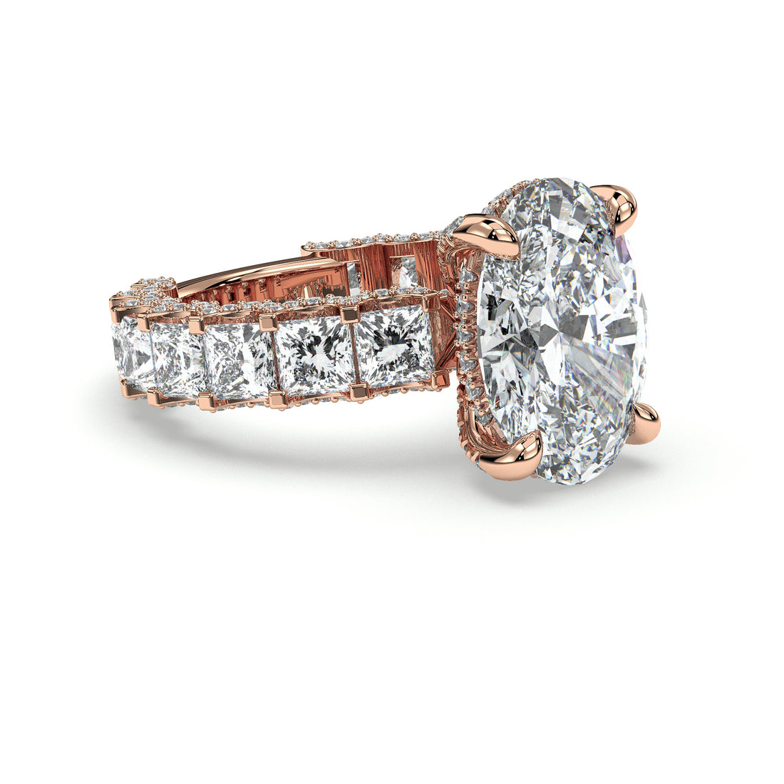 Goodness Oval Cut Hidden Halo with a Princess Cut Side Stones Diamond Ring - 18K Rose