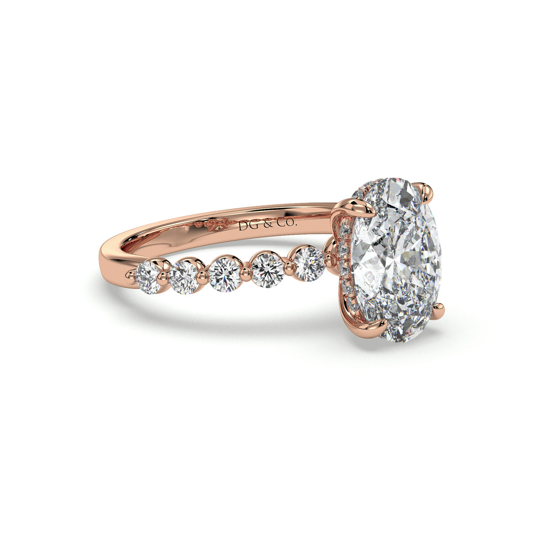 Colleen Oval Cut Hidden Halo  Share Prong Setting Side Stones Diamond Ring - 18K Rose