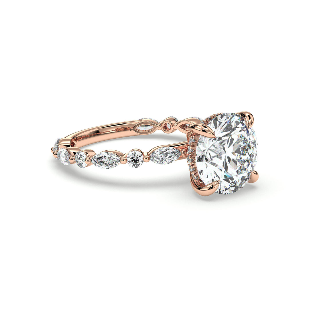 Leina Round Brilliant Cut Hidden Halo Share Prong Side Setting Stones Diamond Engagement Ring - 18K Rose