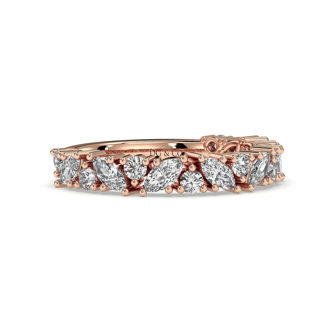 Concertina Marquise and Brilliant Round Cut Diamond Set Wedding Ring - 18K Rose