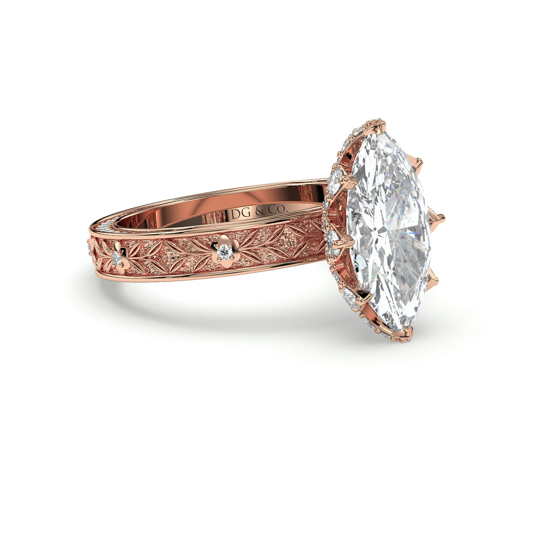 Alexia Marquise Cut Antique Style Hidden Halo Vintage Style Unique Band Diamond Engagement Ring - 18K Rose