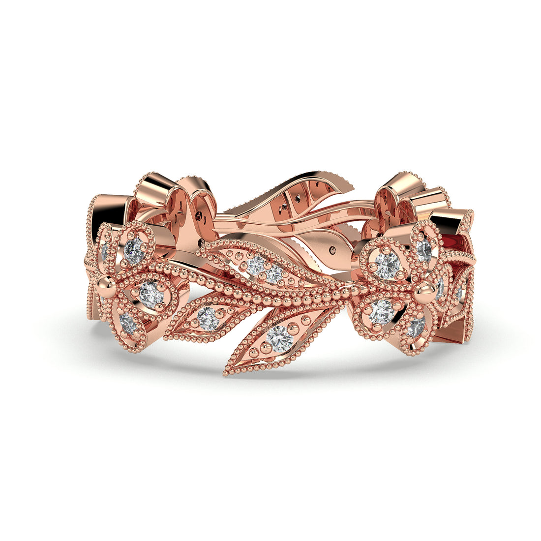 Tina Vintage Style Miligrain Share Prong Setting Diamond Wedding Band - 18K Rose