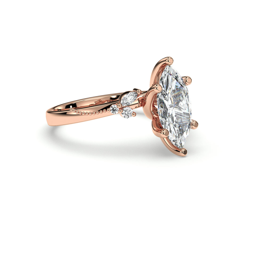 Nina Low Setting Marquise Cut Antique Style Six Claw Diamond Engagement Ring - 18K Rose