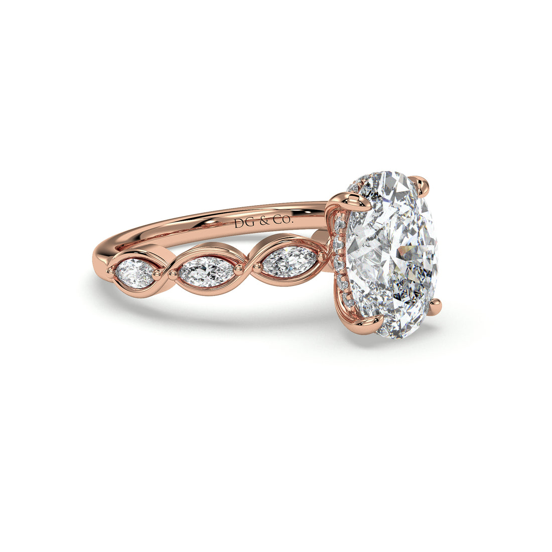 Arlo Oval Cut Hidden Halo Marquise Cut Side stones Bezel Set Diamond Engagement Ring - 18K Rose