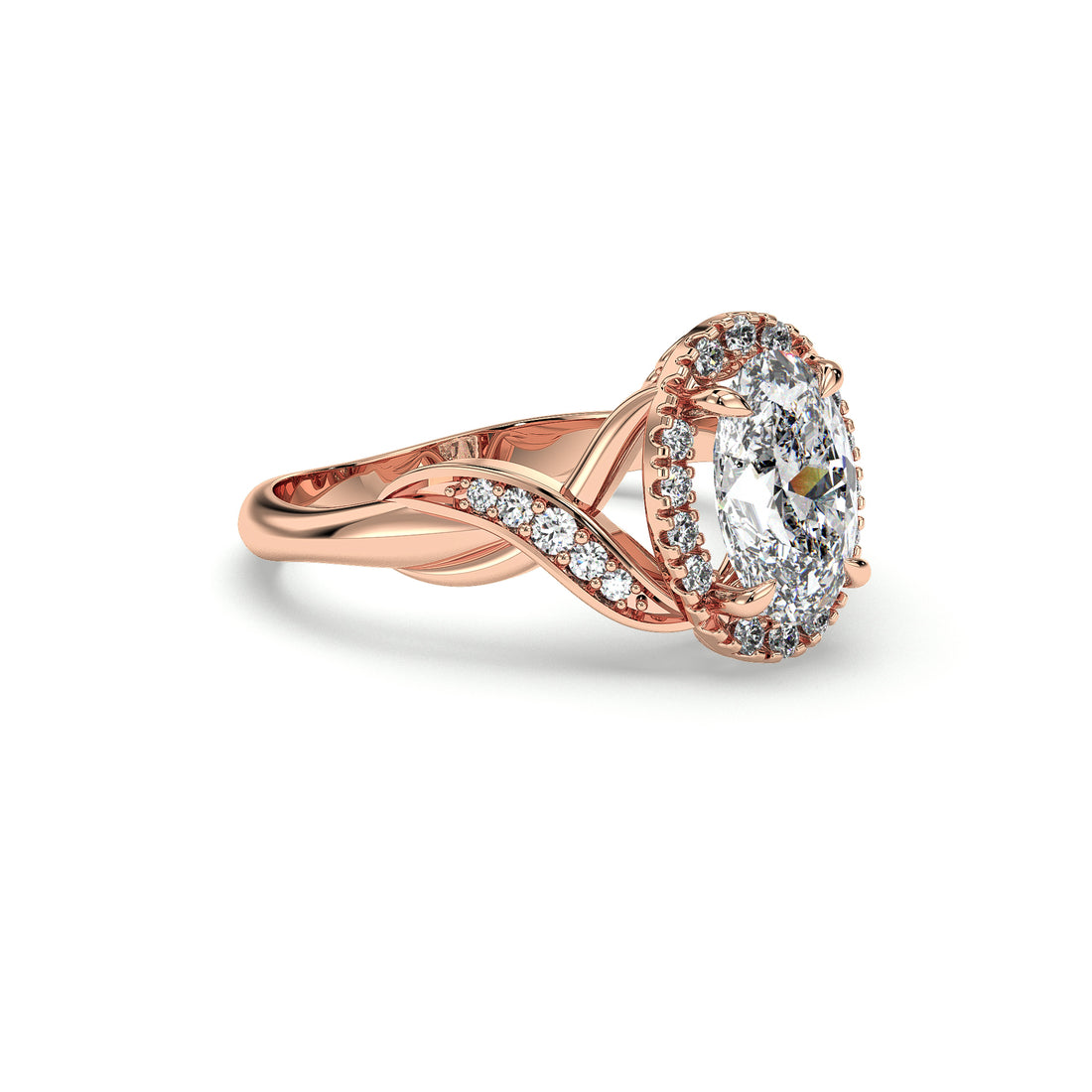 Reem Antique Halo Style Twist Band Oval Cut Diamond Ring - 18K Rose
