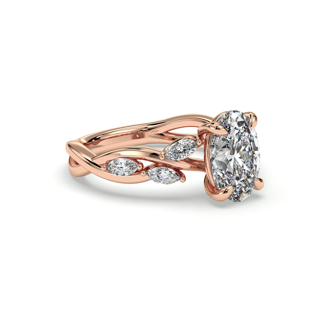 Flower Twist Band Oval Cut Diamond Engagement Ring - 18K Rose