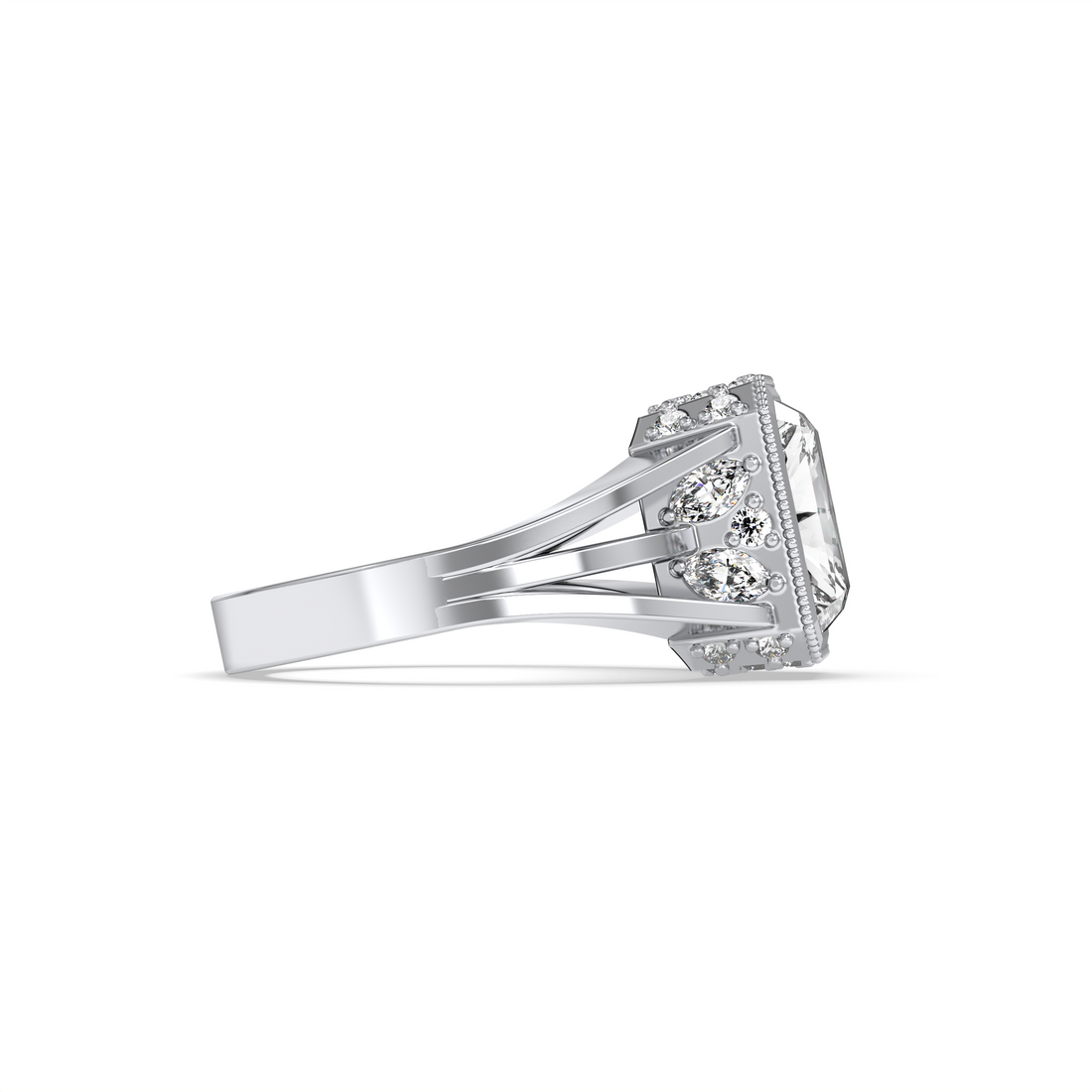 Kimber Emerald Cut Bezel Set three Split Band Hidden Halo Marquise and Round Cut Diamond Engagement Ring - 18K White