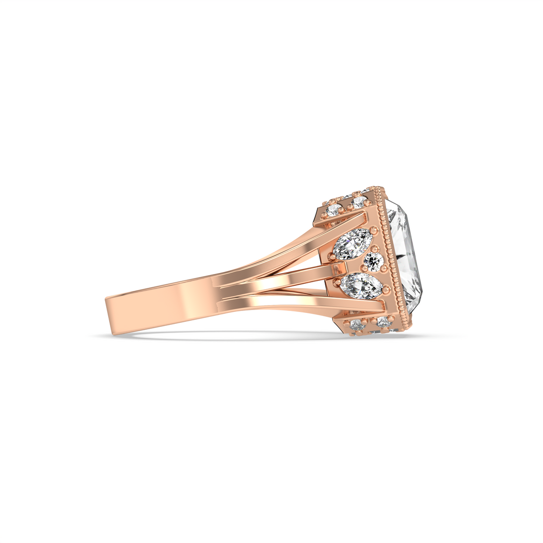 Kimber Emerald Cut Bezel Set three Split Band Hidden Halo Marquise and Round Cut Diamond Engagement Ring - 18K Rose