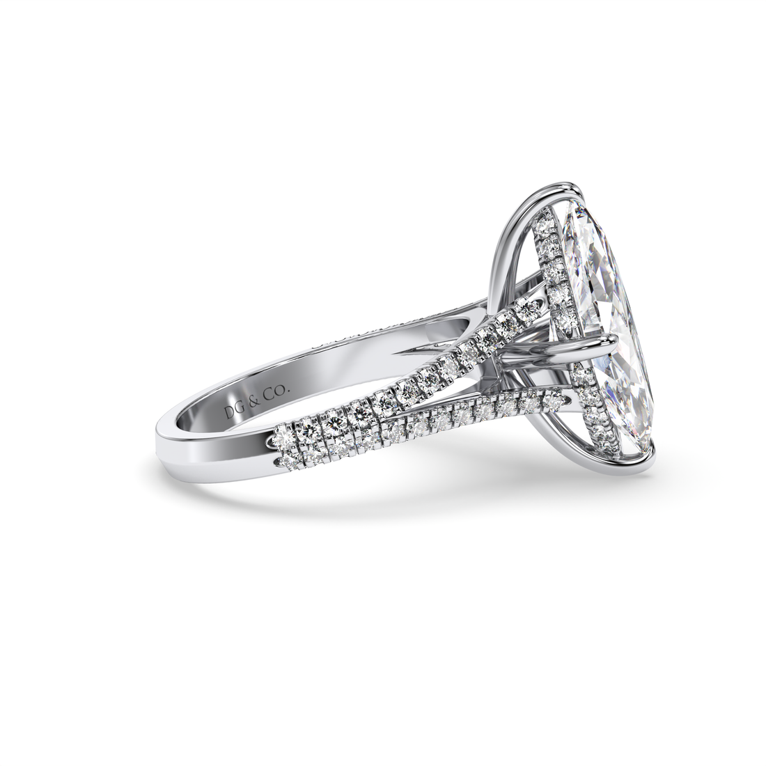 Rogina Marquise Cut Split Band Cathedral Style Pave Setting Diamond Engagement Ring - 18K White