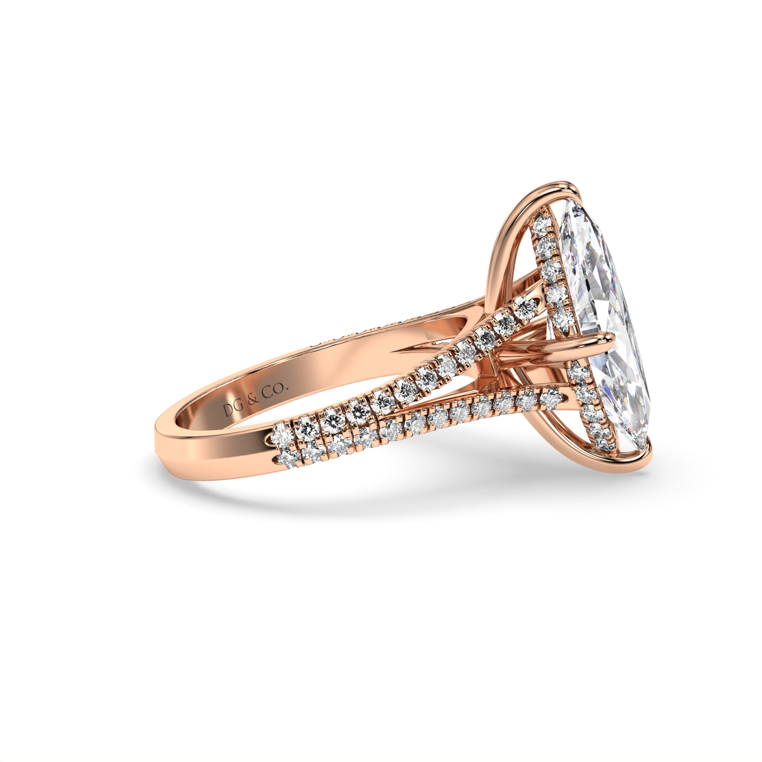 Rogina Marquise Cut Split Band Cathedral Style Pave Setting Diamond Engagement Ring - 18K Rose
