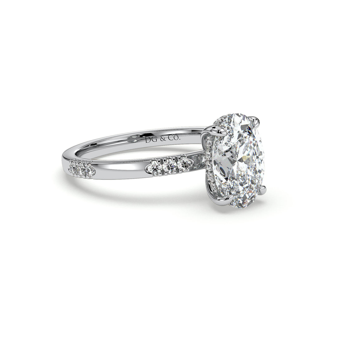Evelynn Oval Cut Hidden Halo Four Claw Set Side stone Diamond Engagement Ring - 18K White