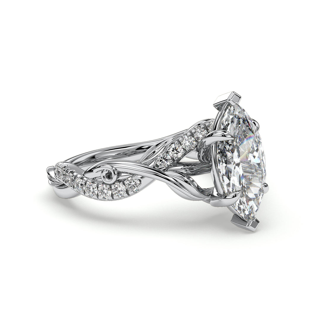 Clover Marquise Cut Twist Band Floral Style Pave setting Side Stones Diamond Engagement Ring - 18K White