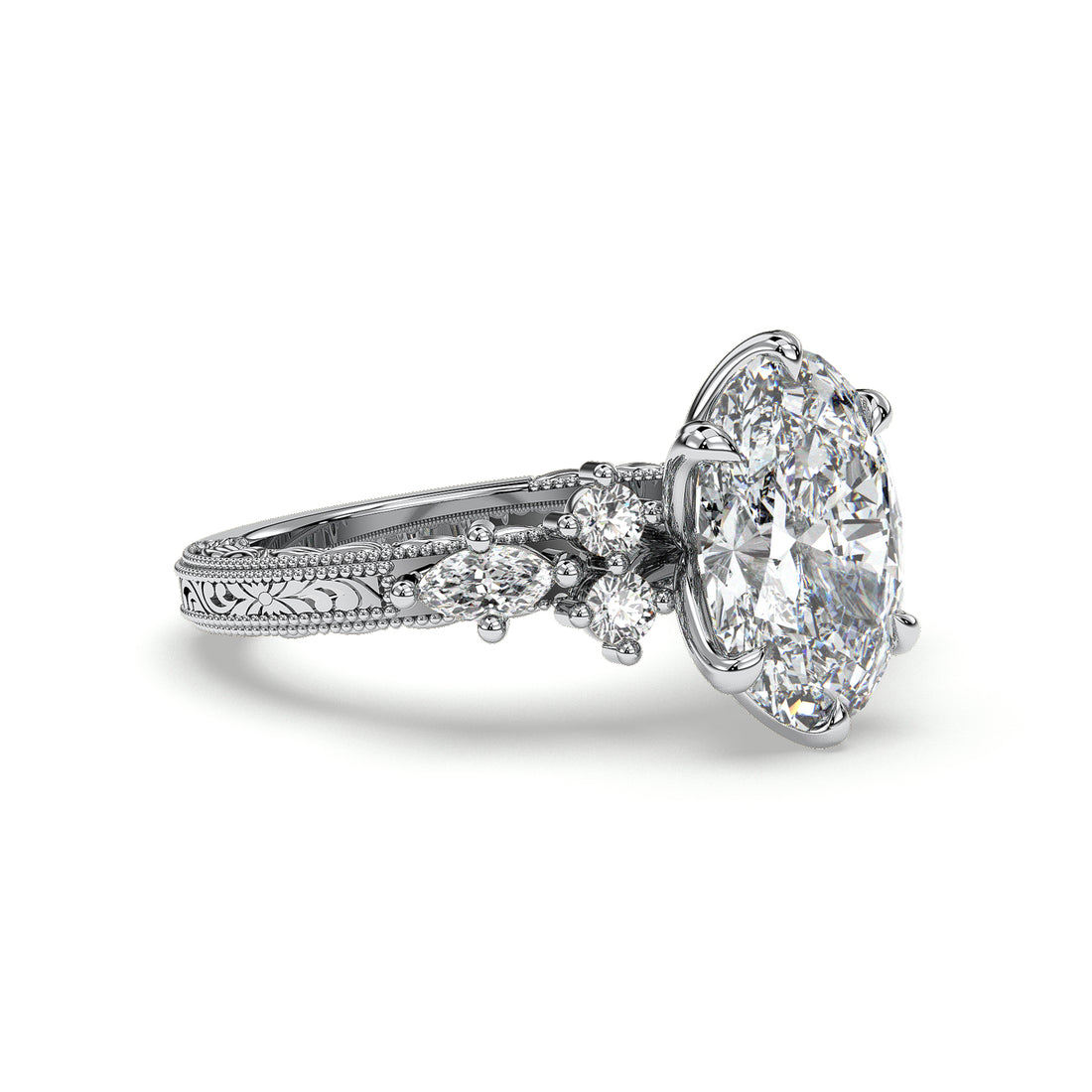 Ambre Oval Cut Engraved Antique Vintage Style Marquise and Round Side Stones six Claw Setting Centre stone Diamond ring - 18K White