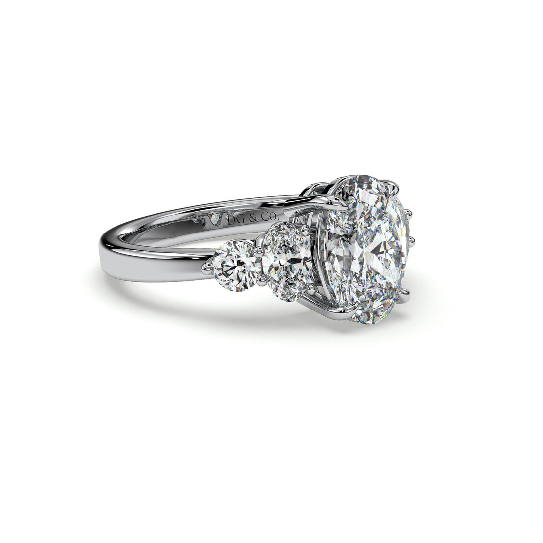 Aviana Trilogy Oval Cut Centre and Side Stones Diamond Engagement Ring - 18K White