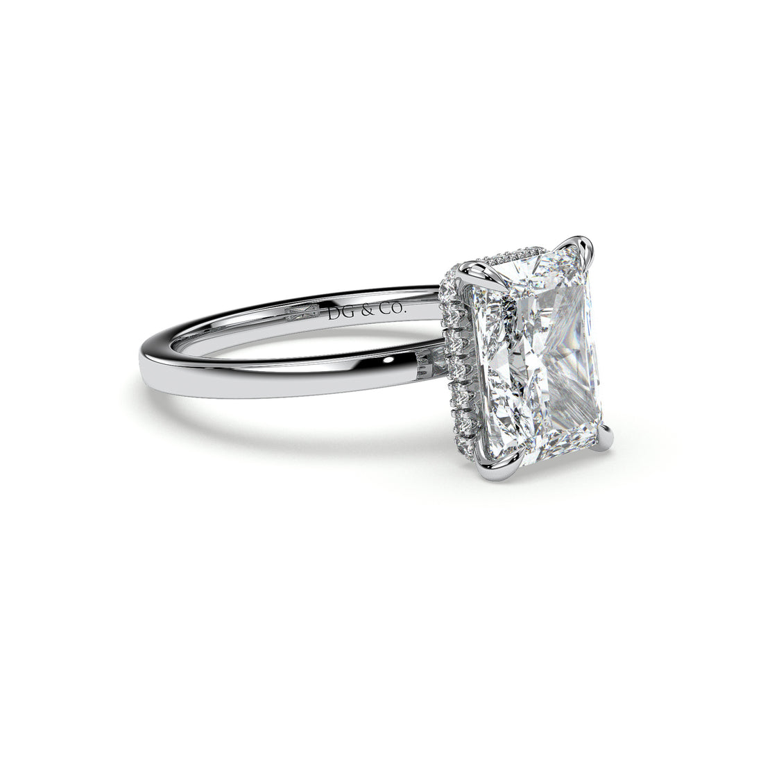 Delta Solitaire Radiant Cut Hidden Halo Pave and Low Setting Four Claw Diamond Ring - 18K White