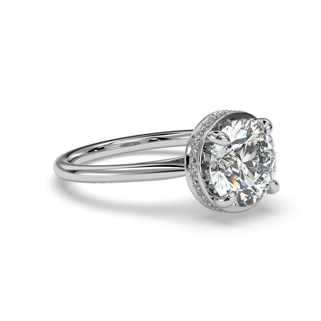 Frieda Solitaire Round Brilliant Cut Cathedral Style Hidden Halo four Claw Setting Diamond Ring - 18K White