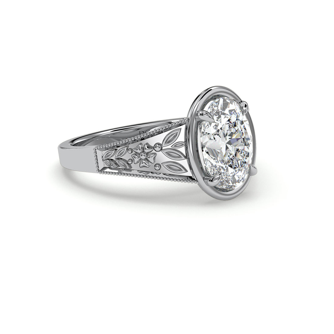 Casey Oval Cut Antique Style Bezel Frame Cathedral Setting Four Claw Setting Engagement Ring - 18K White