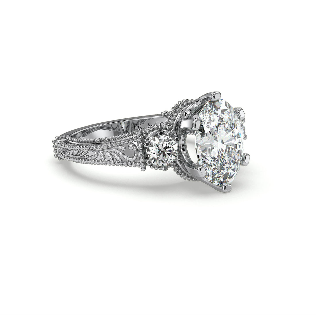 Roma Oval Cut Trilogy Antique Vintage Style Six Claw Diamond Engagement Ring - 18K White