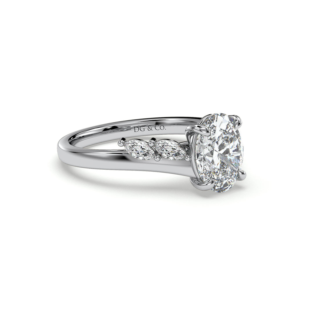 Poppy Oval Cut Four Claw Setting Marquise cut side stones Diamond Ring - 18K White