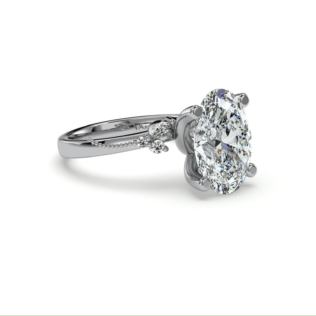Brandi Antique Style Oval Cut Side Stones Diamond Engagement Ring - 18K White