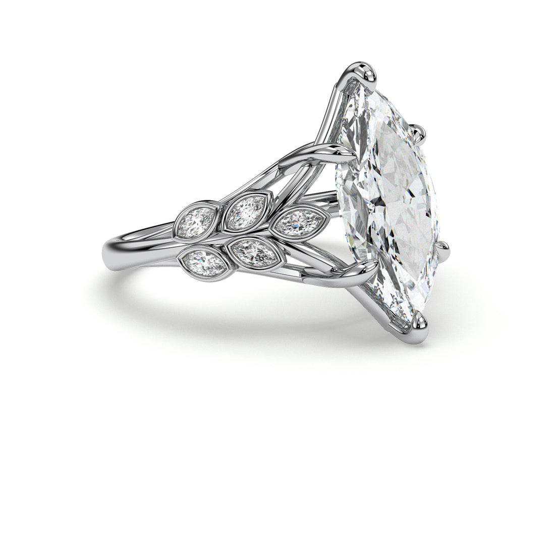 Sadie Marquise Cut Six Claw Setting with Marquise Cut Bezel Set Side Stone Diamond Ring - 18K White