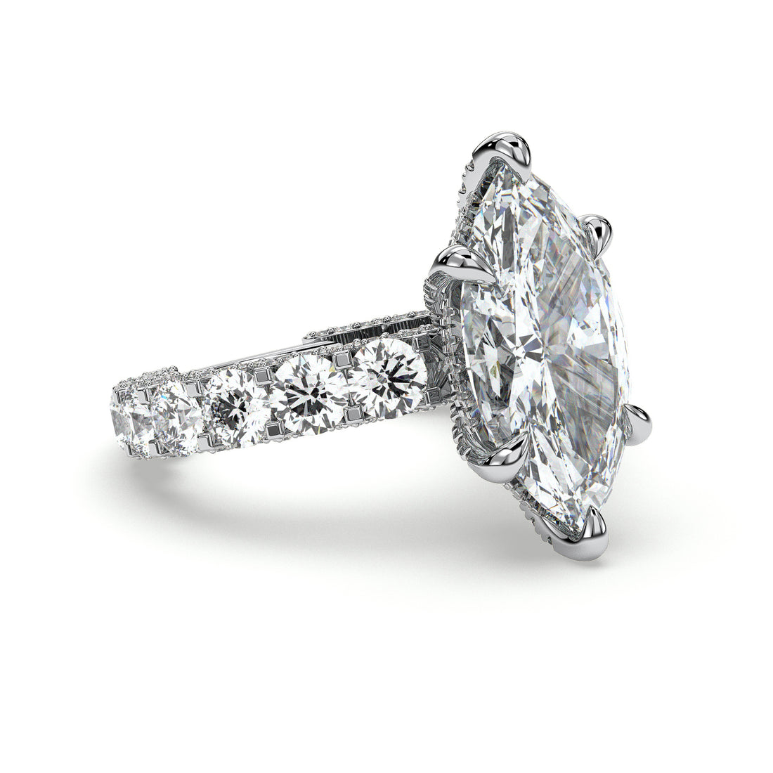 Glowing Marquise Cut Hidden Halo with Round Brilliant Cut Side Stones Diamond Engagement Rings - 18K White