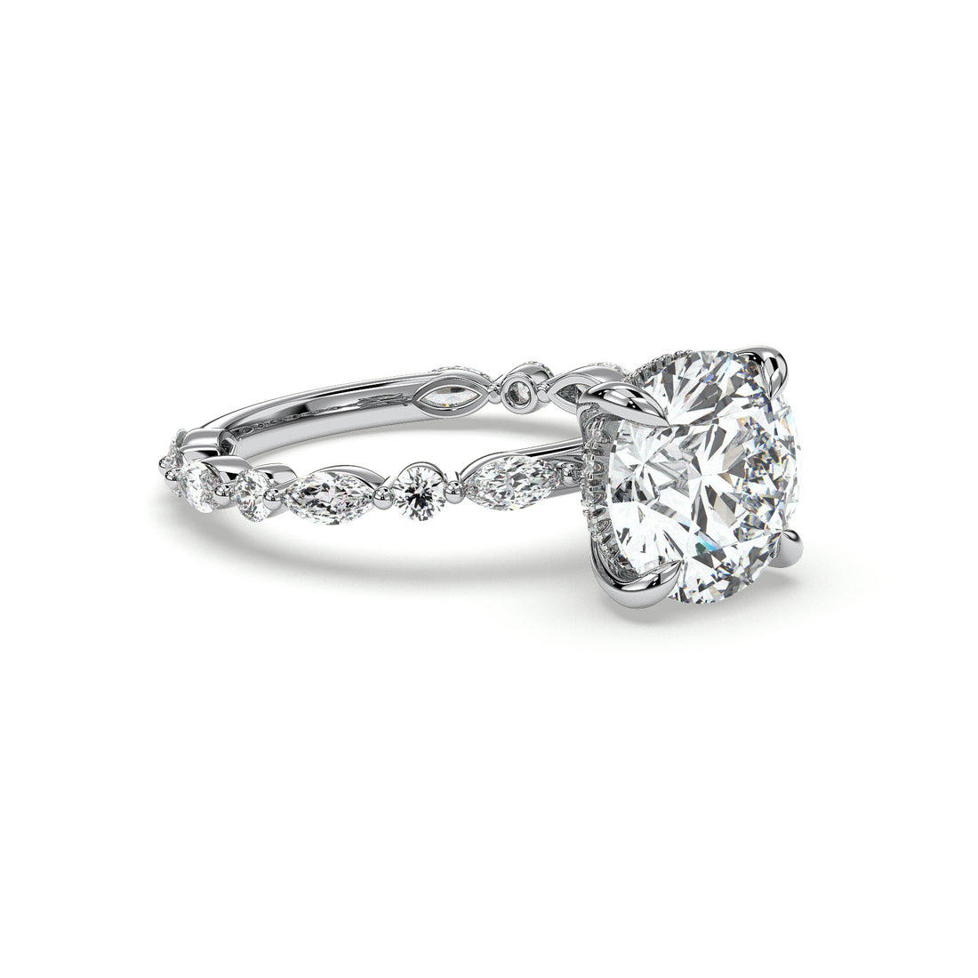 Leina Round Brilliant Cut Hidden Halo Share Prong Side Setting Stones Diamond Engagement Ring - 18K White