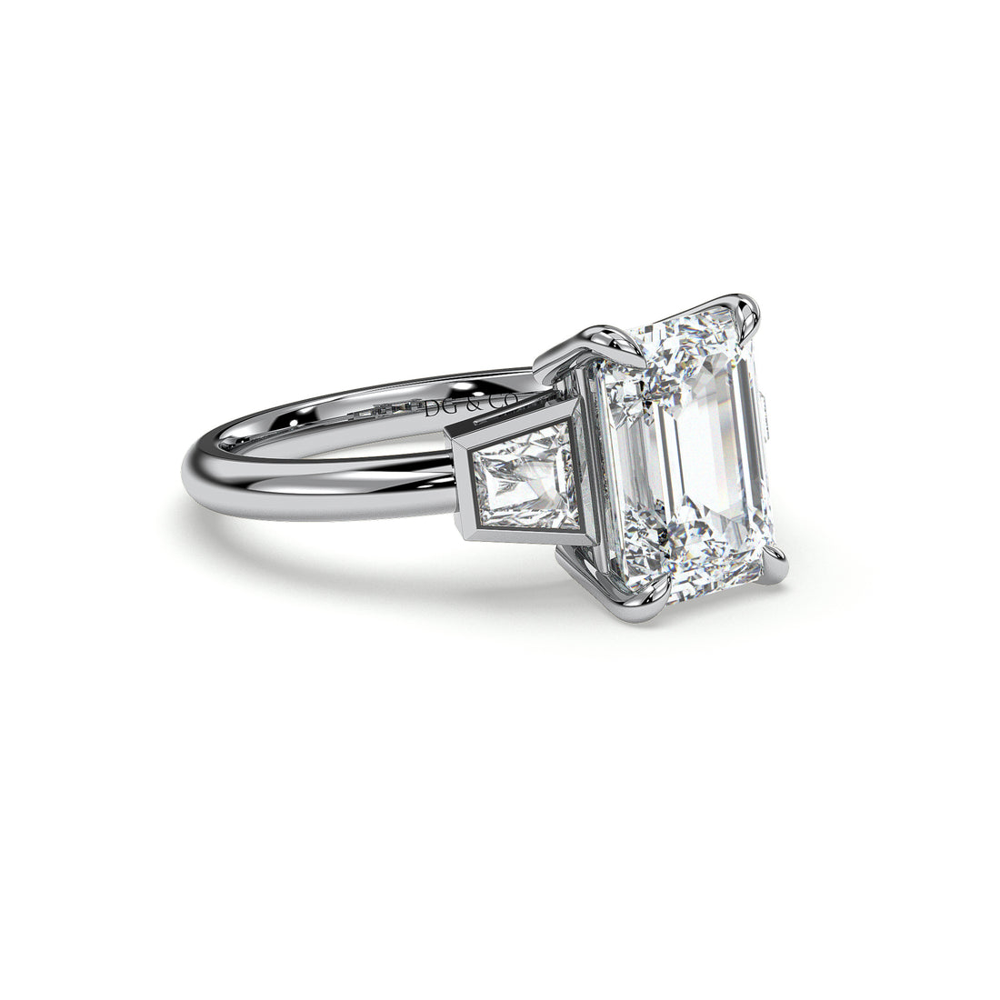 Octavia Emerald Cut Trapezoid Three Stone Bezel set Diamond Engagement Ring - 18K White